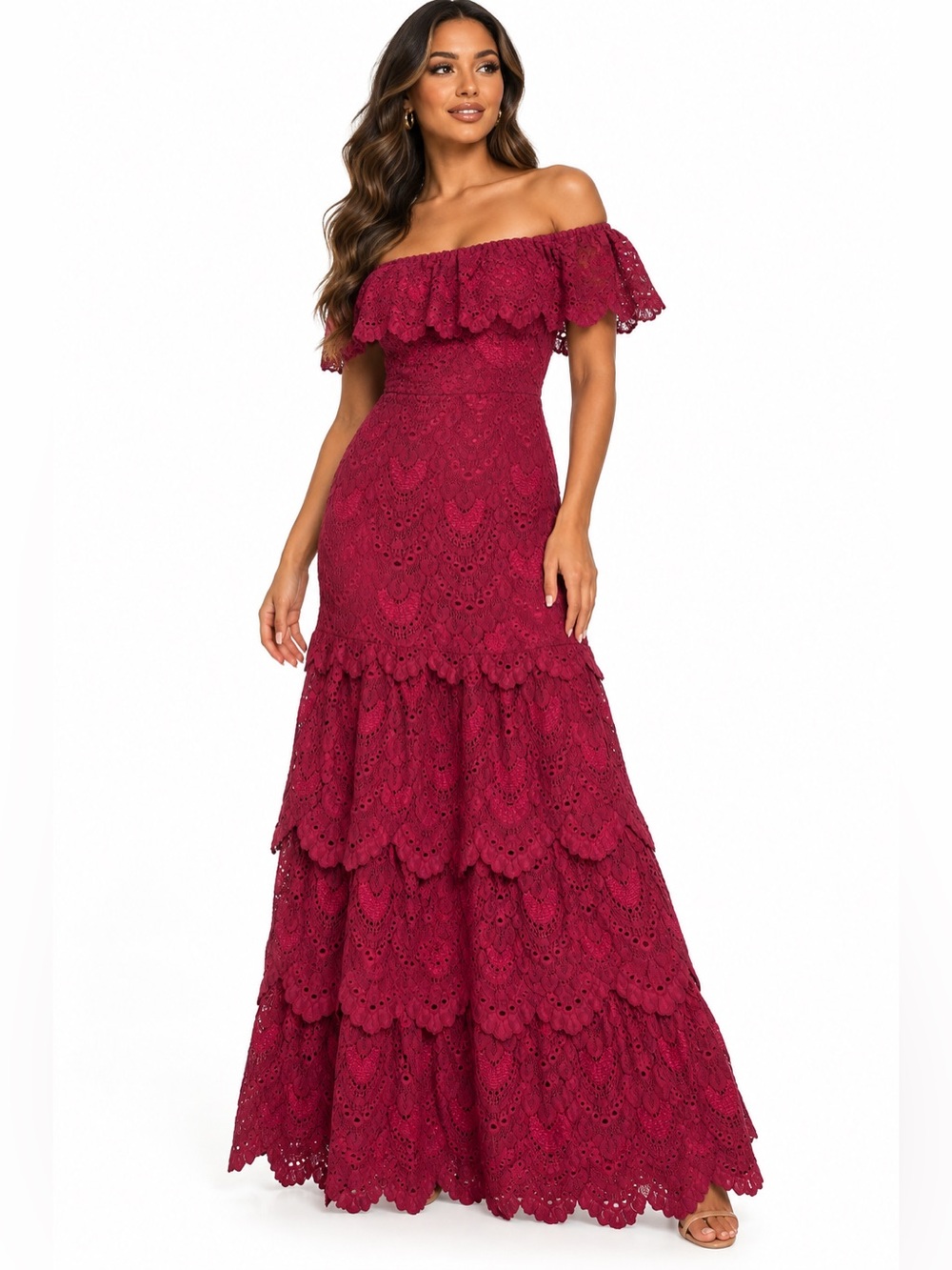Nightcap by Carisa Rene Burgundy Lace Off Shoulder Tiered Maxi Dress
